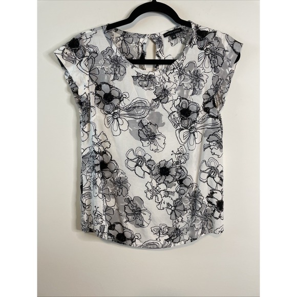 Carole Little Tops - Vintage Carole Little XS Ivory Black Floral Rayon Cap Sleeve Blouse Career Top